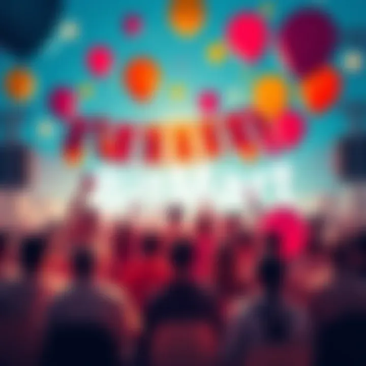 A vibrant celebration scene with people enjoying BitMart's 8th anniversary, featuring balloons and banners, symbolizing growth and success in the crypto market.