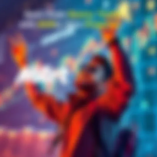 A graphic showing a person celebrating earning from trading, with a chart and money symbols in the background.