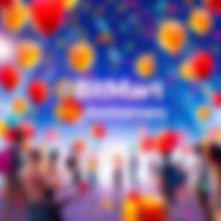 A festive scene celebrating BitMart's 8th anniversary with balloons, confetti, and people enjoying activities.