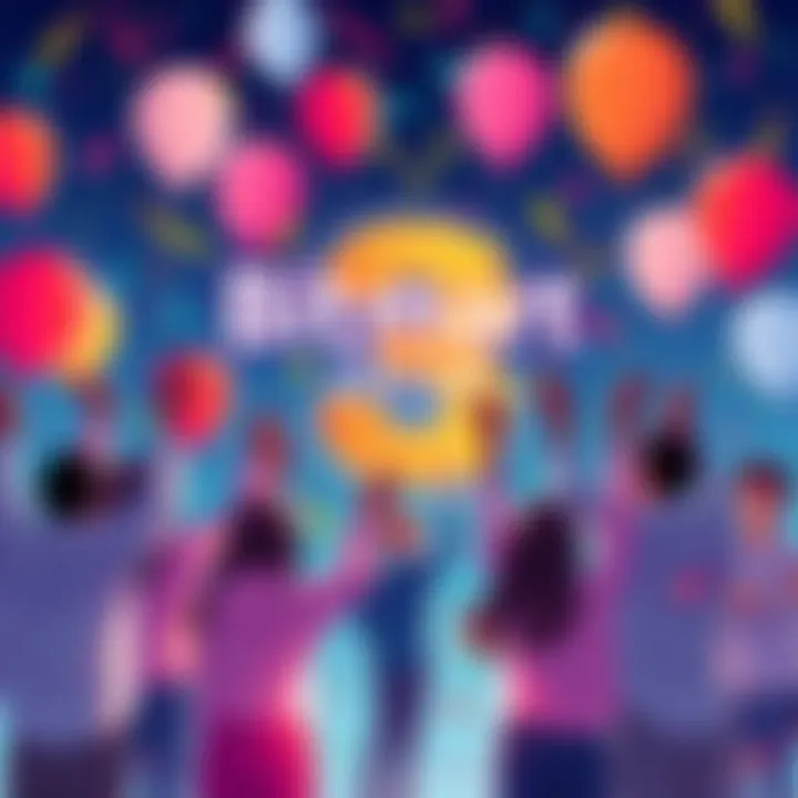 A festive illustration showing people celebrating with balloons and confetti for BitMart's 8th anniversary in the crypto market.