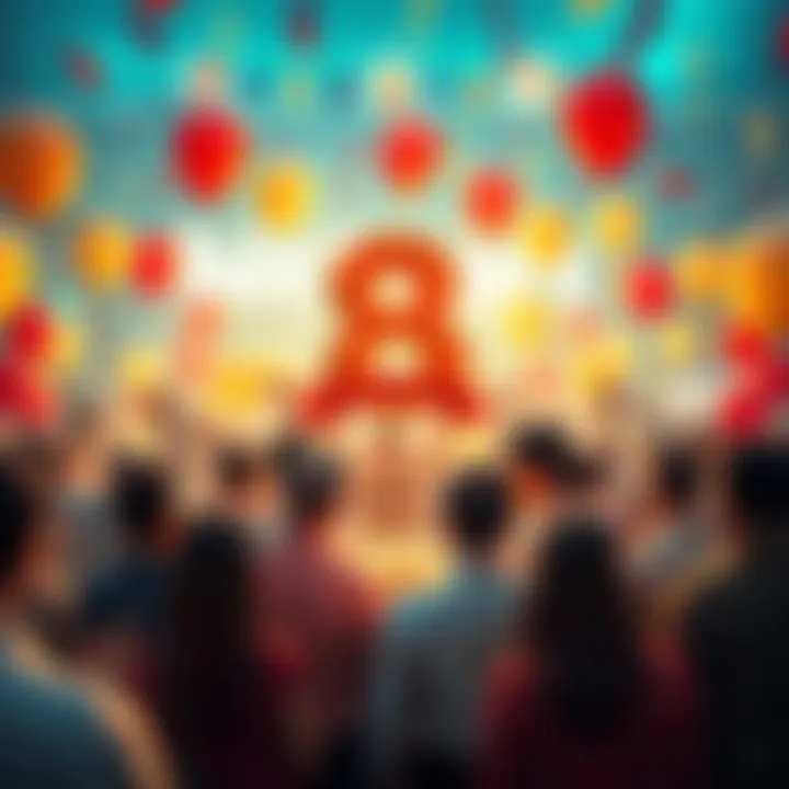 People celebrating BitMart's 8th anniversary with balloons and banners