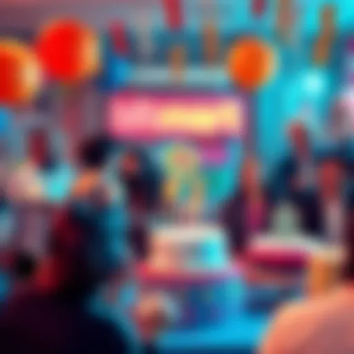 A vibrant party scene with people celebrating Bitmart's 8th anniversary, featuring colorful decorations and cheerful expressions, surrounded by meme posters and birthday cakes.