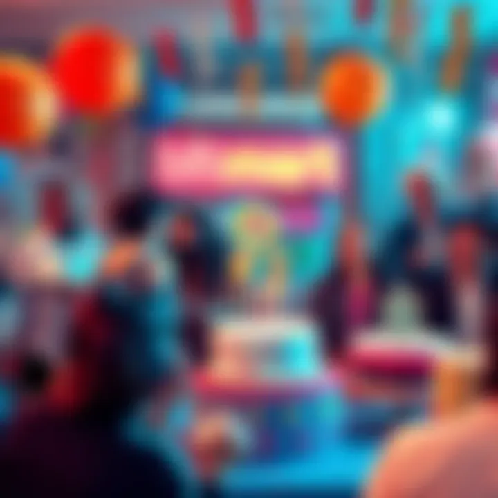 A vibrant party scene with people celebrating Bitmart's 8th anniversary, featuring colorful decorations and cheerful expressions, surrounded by meme posters and birthday cakes.