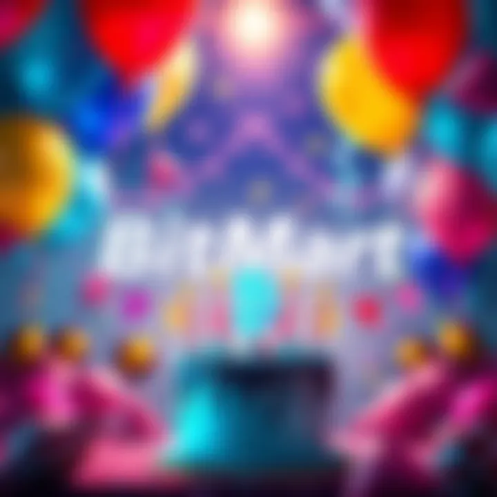 A festive scene with balloons and a birthday cake featuring a cryptocurrency theme, symbolizing BitMart's 8th anniversary.