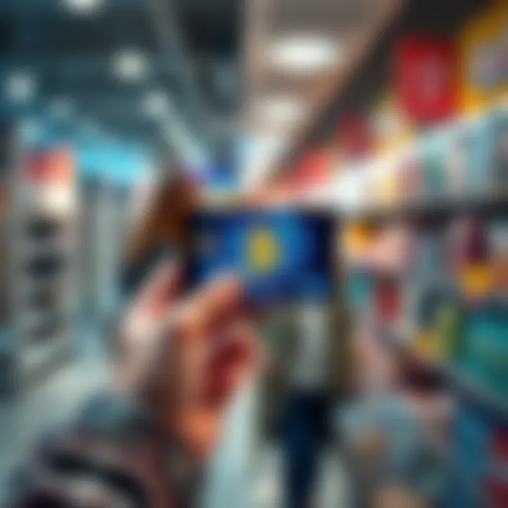 A person holding a sleek BitMart Card with a glowing design, smiling while shopping at a store.