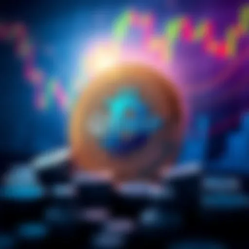 An illustration of a digital coin labeled QXMP, with a graphic of a trading chart in the background, symbolizing the listing on BitMart.