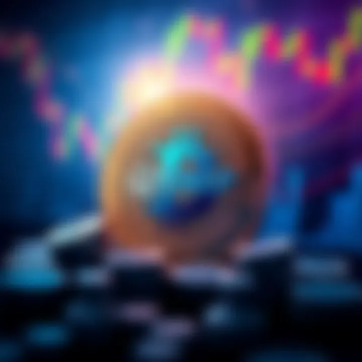 An illustration of a digital coin labeled QXMP, with a graphic of a trading chart in the background, symbolizing the listing on BitMart.