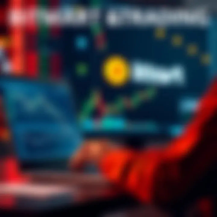 A person analyzing trading charts on a laptop with a BitMart logo and financial symbols in the background.