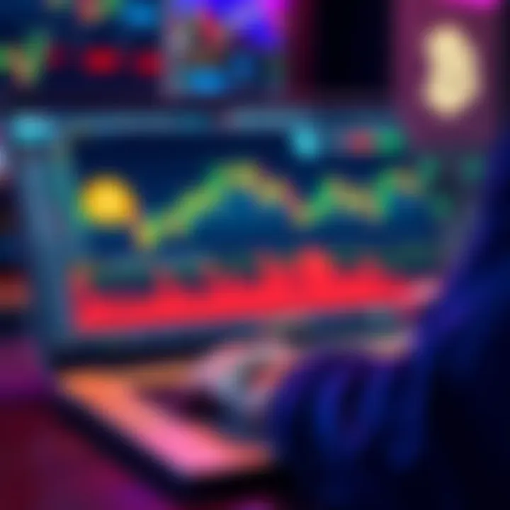 A beginner trader using the BitMart platform on a laptop with cryptocurrency charts and altcoin icons displayed on the screen.