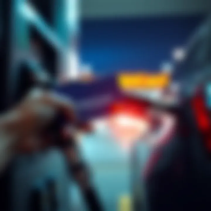 A hand holding a BitMartCard next to a gas pump while filling up a car with fuel.