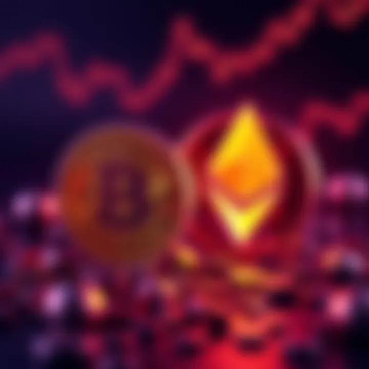Graphic showing a Bitcoin symbol next to Ethereum logo with a dollar sign, representing investment in cryptocurrency.