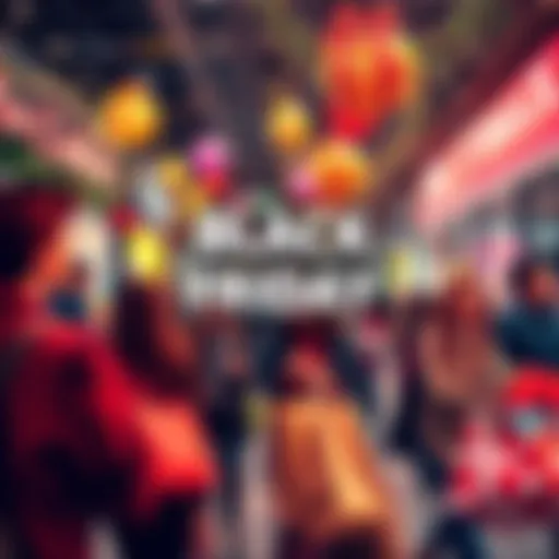 A festive shopping scene with shoppers excited about discounts and cashback offers during Black Friday.