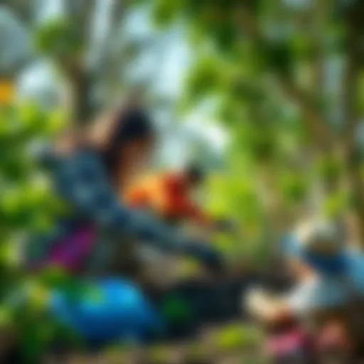 A group of people planting trees and recycling materials as part of the Blessed Earth movement for sustainability