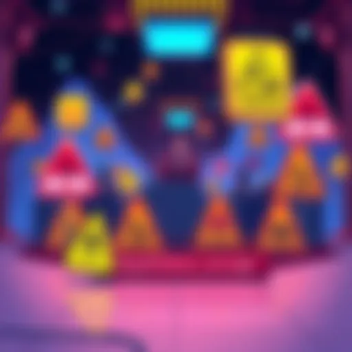 An illustration showing block leaders in a blockchain network surrounded by warning signs indicating unfair practices and potential lawsuits.