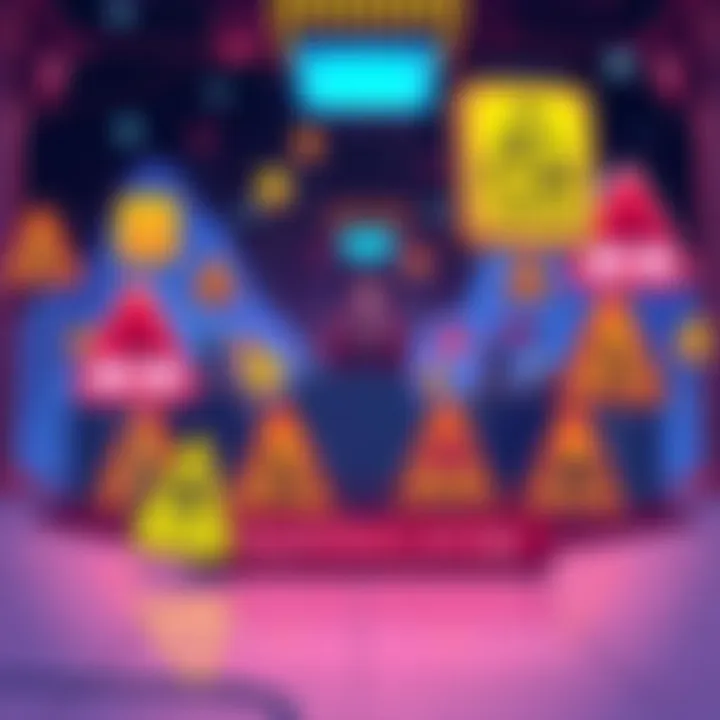 An illustration showing block leaders in a blockchain network surrounded by warning signs indicating unfair practices and potential lawsuits.