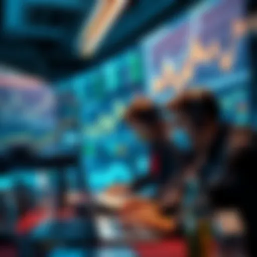 A group of engineers working on blockchain technology with graphs and trends displayed on screens, symbolizing the job market for 2026.