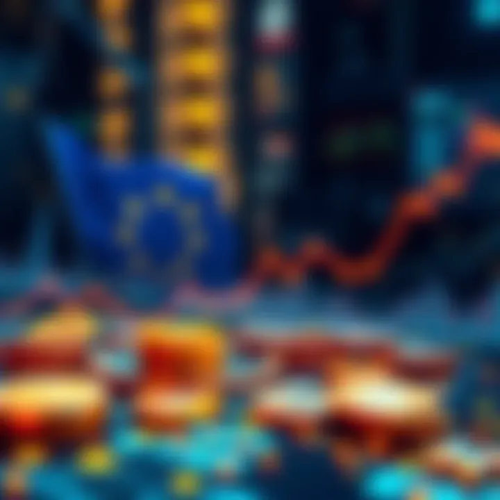 A visual representation of blockchain technology enhancing cross-border payments, featuring digital currency icons and financial graphs.