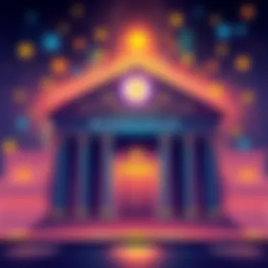 Illustration of a bank building with digital blockchain symbols and currency icons representing cryptocurrency adoption