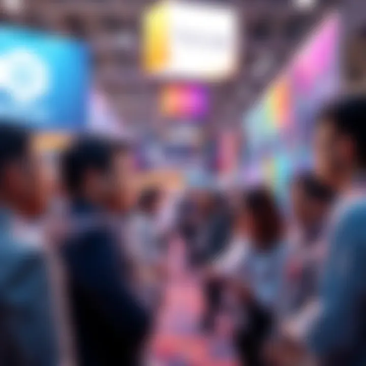 A group of professionals discussing blockchain technology at MWC26, with banners displaying telecom logos and blockchain graphics in the background.