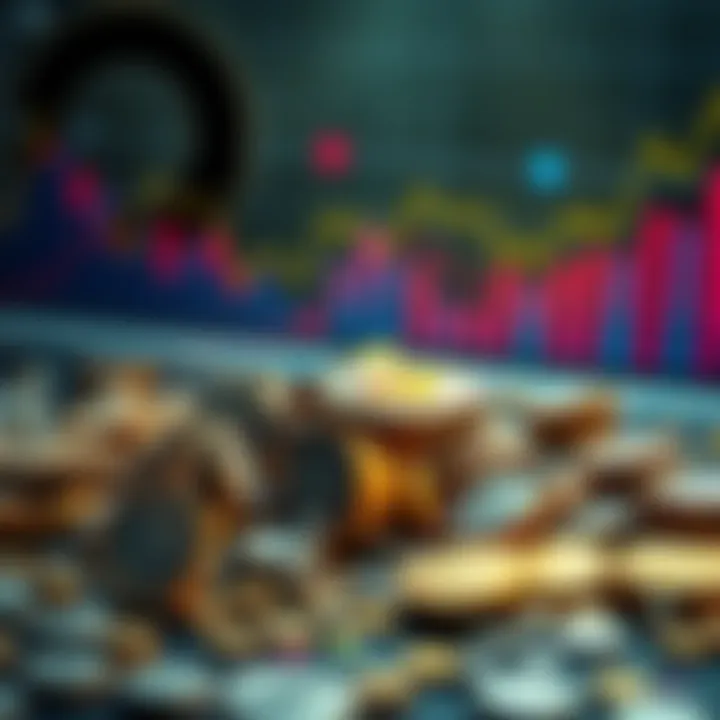 Visual representation of blockchain projects showing a downward trend in investment returns, with broken coins and graphs.