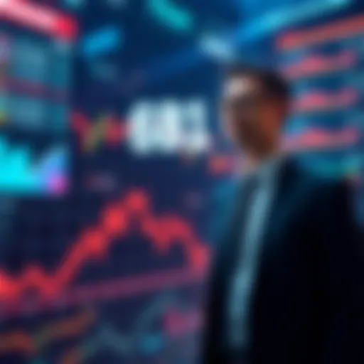 A businessman standing in front of a futuristic digital display showing blockchain technology and financial graphs, symbolizing the shift from traditional finance to blockchain.
