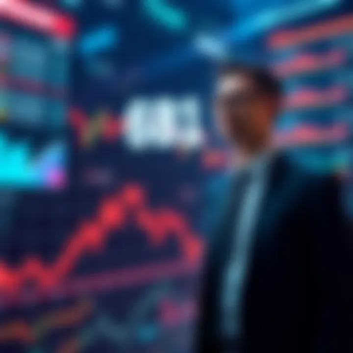 A businessman standing in front of a futuristic digital display showing blockchain technology and financial graphs, symbolizing the shift from traditional finance to blockchain.