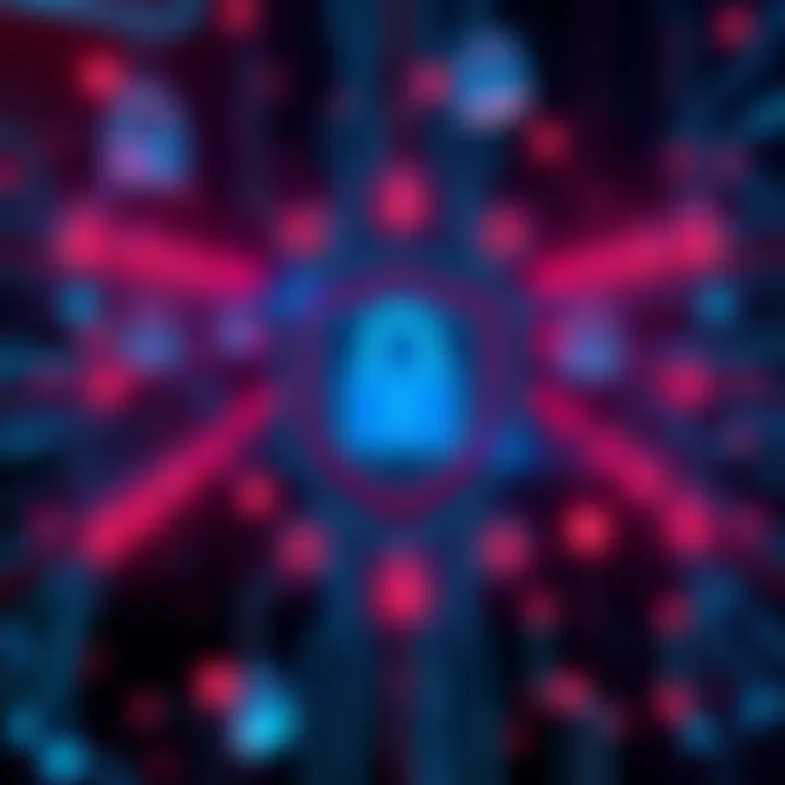 A digital representation of a secure blockchain network with locks and shields symbolizing MEV-resistance for fair trading