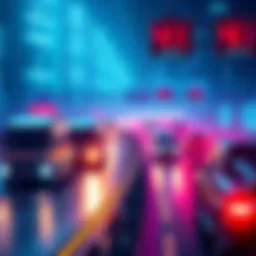 Representation of blockchain technology influencing the U.S. transportation industry with vehicles and tech graphics.