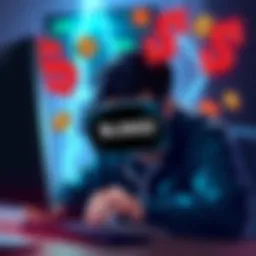 A frustrated person looking at their computer with a blocked account notification and currency symbols around them.