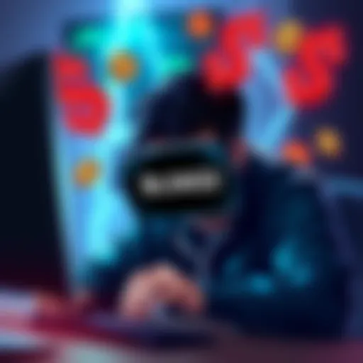 A frustrated person looking at their computer with a blocked account notification and currency symbols around them.