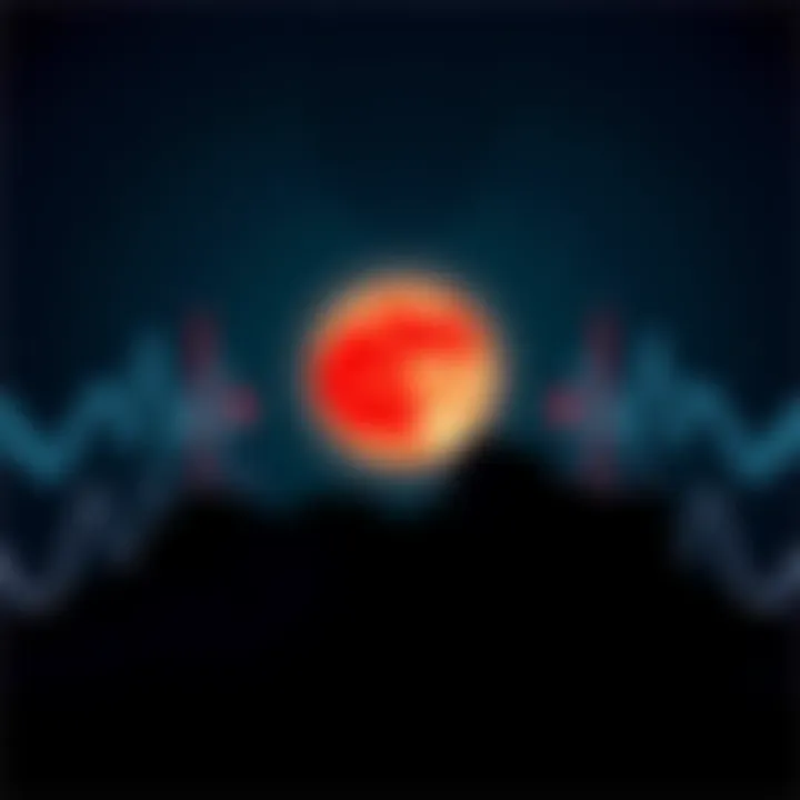 A Blood Moon in the night sky surrounded by visual representations of sound waves, symbolizing audio fatigue.