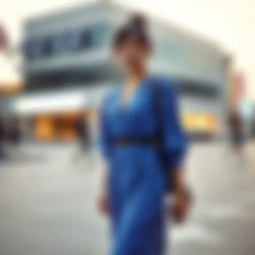 A young adult wearing a stylish blue dress stands confidently in an urban setting, showcasing the latest fashion trend of 2026.