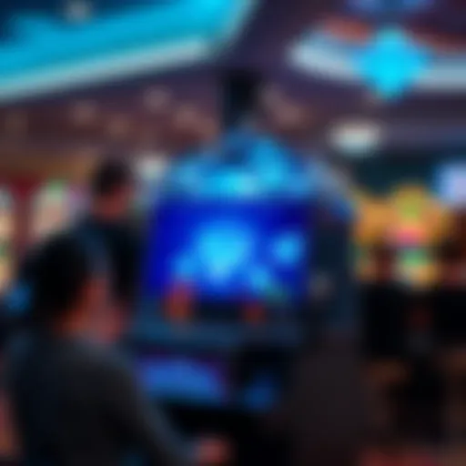 A bright blue diamond slot machine with colorful symbols and lights, attracting players at a gaming venue