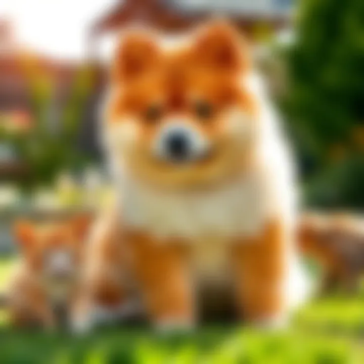 BMO, a fluffy 7-month-old chow chow Samoyed mix, sitting happily with a calm expression in a sunny backyard, with a playful cat nearby.
