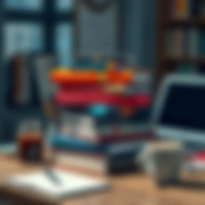 A stack of books about blockchain and Web3 concepts on a desk with a laptop and a coffee cup