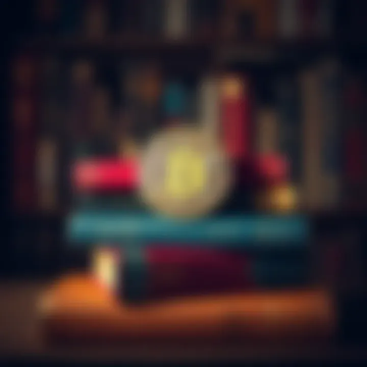 Four books stacked with a Bitcoin symbol, representing essential readings about cryptocurrency and finance.