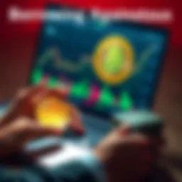 A person analyzing Bitcoin charts on a laptop while holding a Bitcoin in one hand and a stack of cash in the other hand.