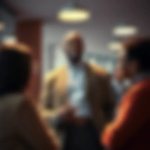 Boss Kendu speaking confidently to a group of team members, fostering a positive work environment