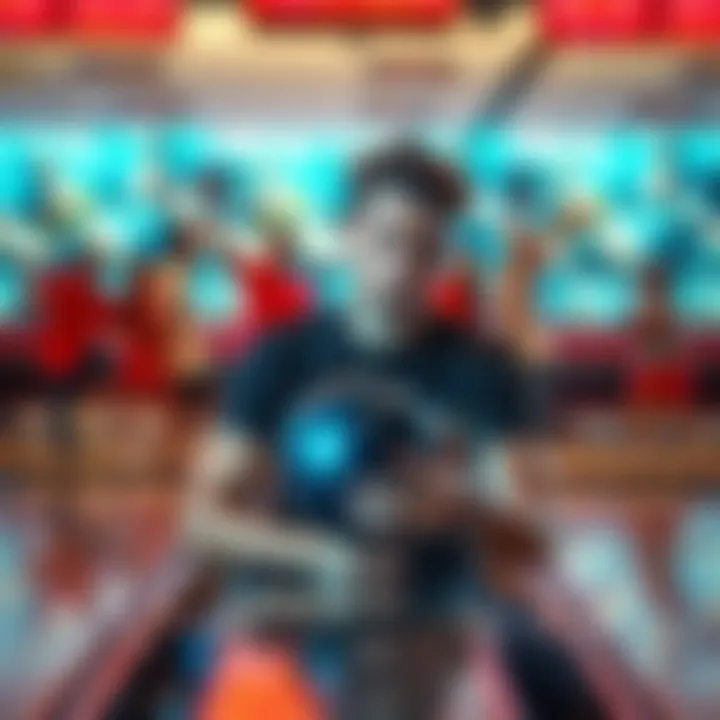 A bowler frowning while holding a bowling ball, sitting on a bench with other bowlers celebrating in the background.