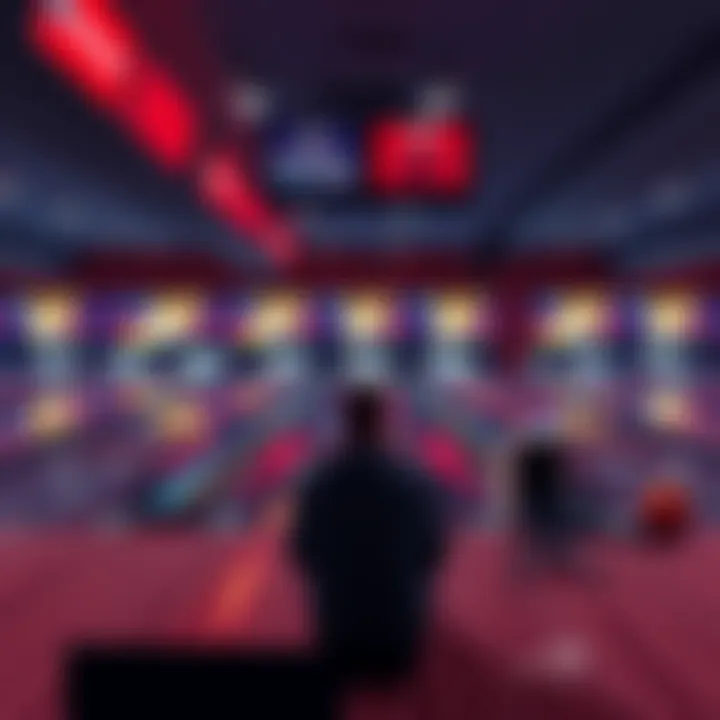 A frustrated player sitting alone at a bowling alley, looking at empty lanes and a scoreboard showing no opponents available.
