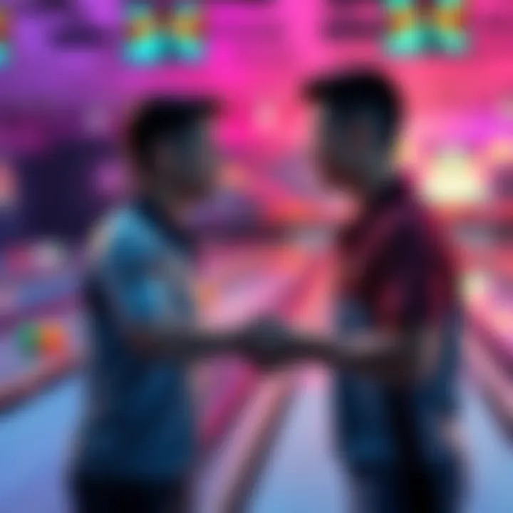 Bowling match ending in a tie Two bowlers shaking hands after a match ends in a tie, showing mixed emotions on their faces.