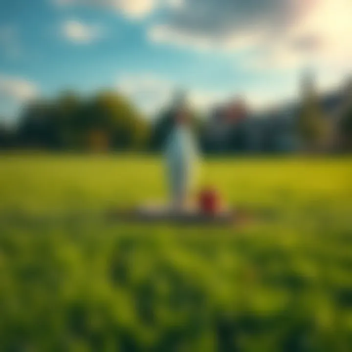 A strange bowling statue positioned on a freshly purchased land plot, surrounded by grass and trees.