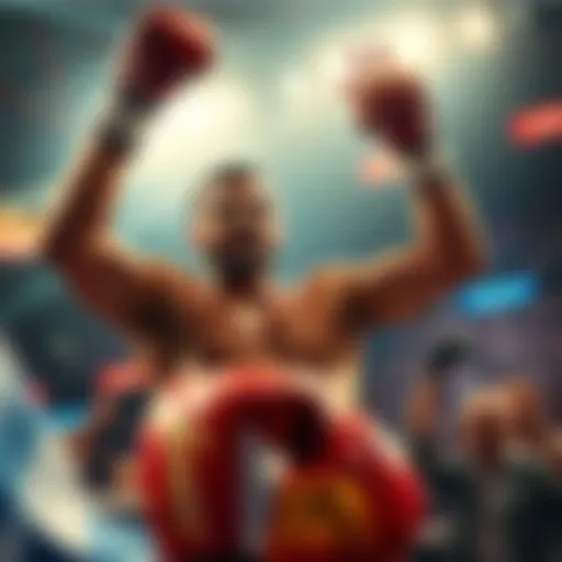 Boxer Schiff raises his fists in victory after landing a knockout punch during a match, surrounded by cheering fans.
