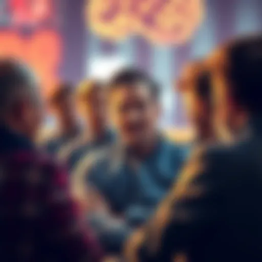 Brad engaging with a group, sharing his unique thoughts and ideas, with a thoughtful expression