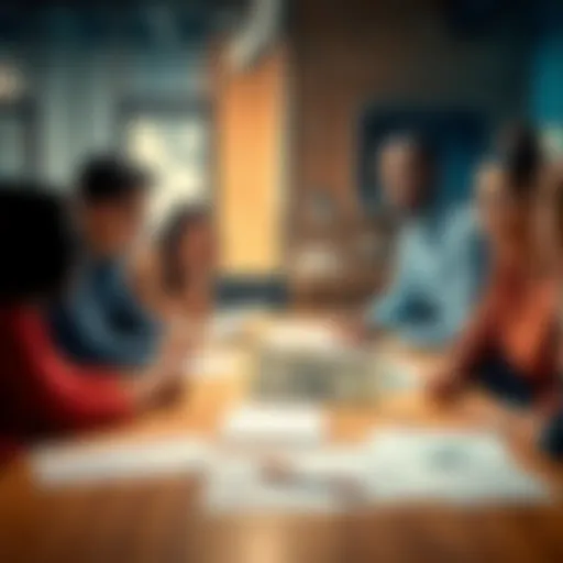 A group of diverse people discussing ideas over a table with papers and a $100 bill placed in the center