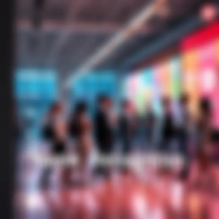 A group of people discussing branding strategies and logo designs in a modern office space