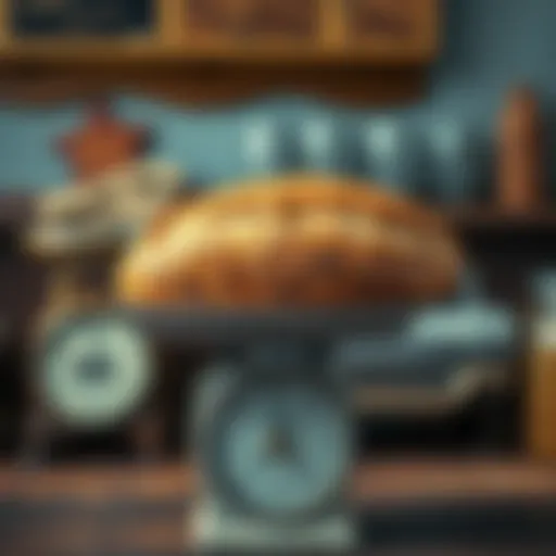 A loaf of bread sitting on a vintage scale showing high price tags, symbolizing the economic struggles of the Great Depression