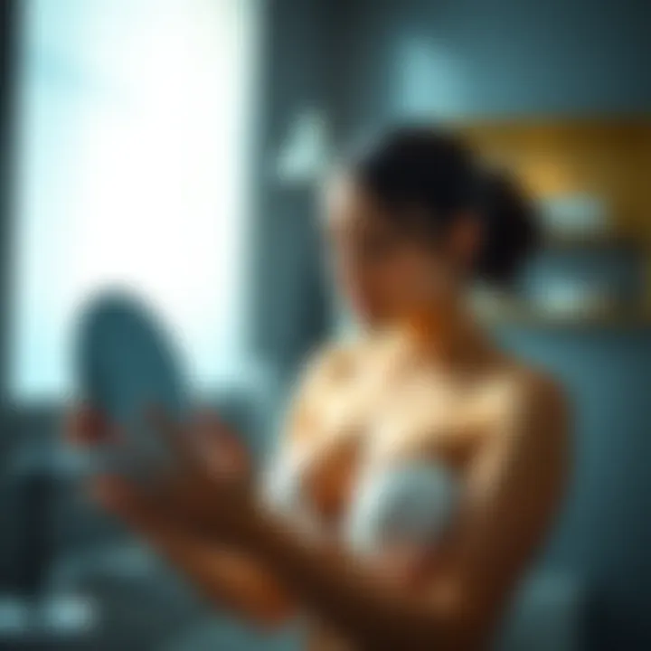 A woman examining her breasts in front of a mirror, focusing on care techniques for firmness.