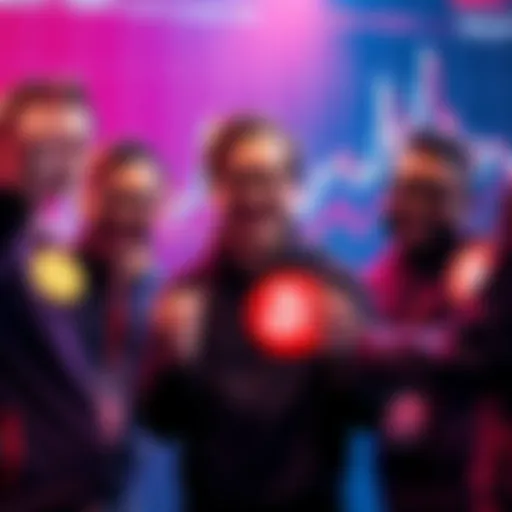 Brendan Eich and the Brave team celebrating the stability of BAT, smiling and holding tokens, with a backdrop of a digital graph showing positive trends.