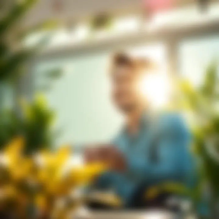 A sunny morning scene with a person enjoying coffee and smiling, surrounded by plants and sunlight, symbolizing positivity and inspiration.